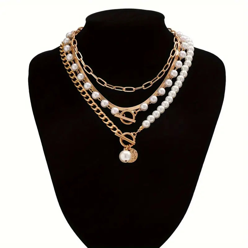 Vintage Perle & Gold Snake Chain Halsketten-Set | Gold