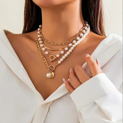 Vintage Perle & Gold Snake Chain Halsketten-Set | Gold