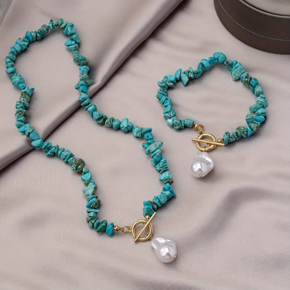 Türkis & Perlenhalskette Armband-Set