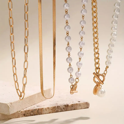 Vintage Perle & Gold Snake Chain Halsketten-Set | Gold