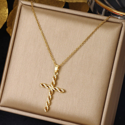 Kristall Twist Cross Halskette | Gold