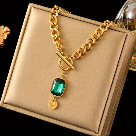 Chunky Chain Smaragd Pendant Halskette | Gold