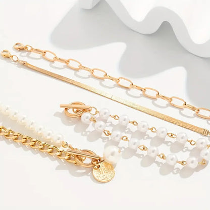 Chic Gold 4-Piece Armband-Set - Snake, Perlen & Links | Gold
