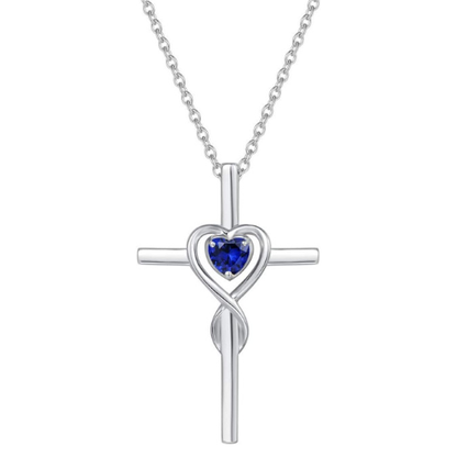 Saphir Herz Stein Cross Halskette | Weiß Gold