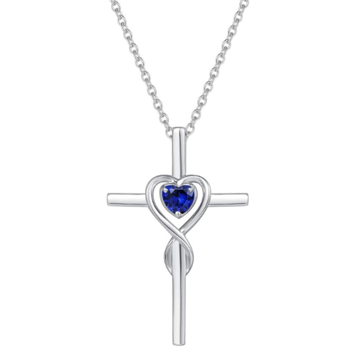 Saphir Herz Stein Cross Halskette | Weiß Gold