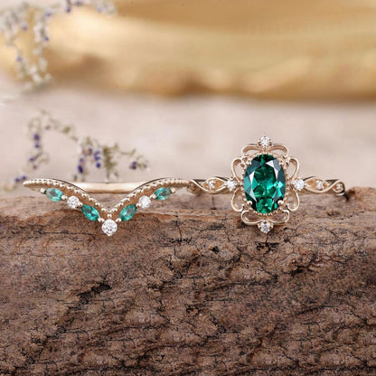 Aurelle Smaragd Crown Ring-Set | Rose Gold