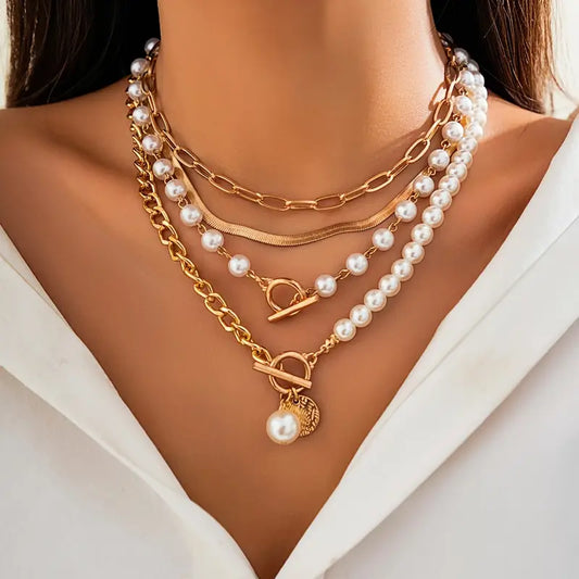 Vintage Perle & Gold Snake Chain Halsketten-Set | Gold