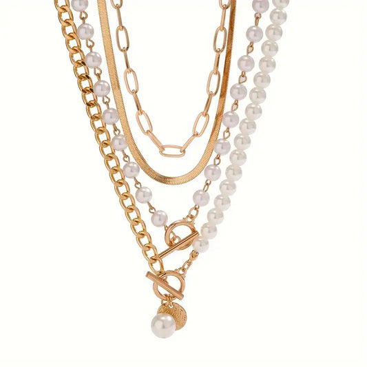 Vintage Perle & Gold Snake Chain Halsketten-Set | Gold