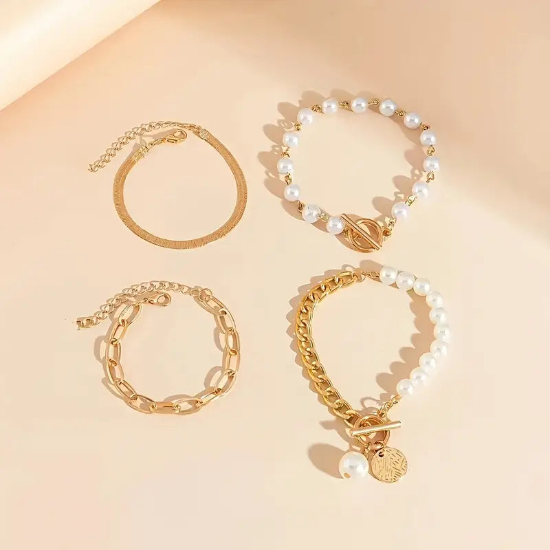 Chic Gold 4-Piece Armband-Set - Snake, Perlen & Links | Gold