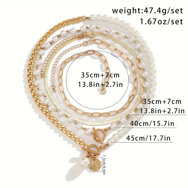 Vintage Perle & Gold Snake Chain Halsketten-Set | Gold